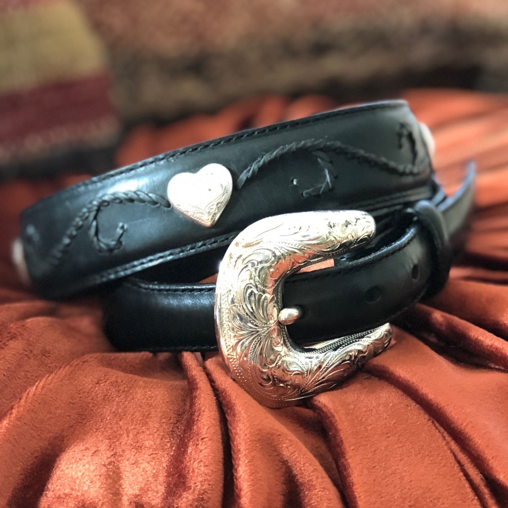 Vintage Black Leather Tony Lama Silver Heart Belt